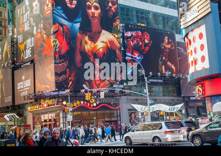 Advertising for the Warner Bros'  'Justice League' film is seen in Times Square in New York on Sunday, November 12, 2017. The film stars, among others, the ever-popular Gal Gadot in her role as Wonder Woman and is scheduled to be released in the U.S. on November 17, 2017. (© Richard B. Levine) Stock Photo