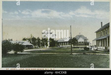 A postcard from a photograph of the buildings owned by St John's Guild, they purchased 14 acres of land and built Seaside Hospital in the late 19th century, New Dorp Beach, Staten Island, New York, 1900. From the New York Public Library. Stock Photo