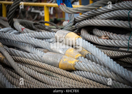 Detailed view of heavy duty lifting dock cranes in dockyard. Stock Photo