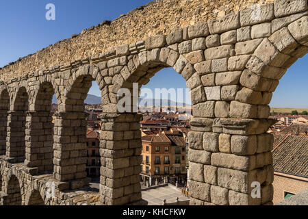 The ancient roman aqueduct bridge in Segovia Spain. Stock Photo