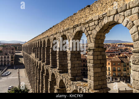 The ancient roman aqueduct bridge in Segovia Spain. Stock Photo