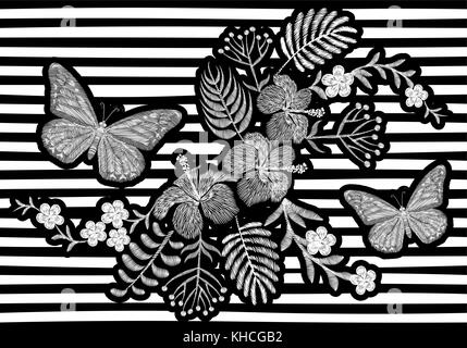 Butterfly realistic embroidery texture design. Exotic white flowers fashion decoration on striped monochrome background vector black illustration Stock Vector