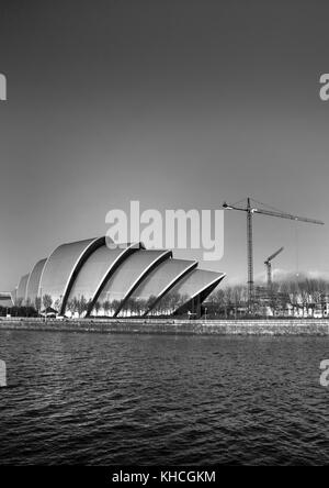 GLASGOW, SCOTLAND- NOVEMBER 20 2013: A black and white photograph of the SEC Armadillo, Glasgow Stock Photo