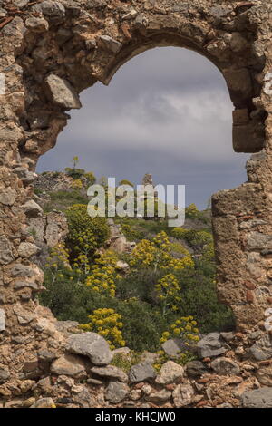 The ruined upper town of Monemvasia, with masses of Giant Fennel in flower; Peloponnese, Greece. Stock Photo