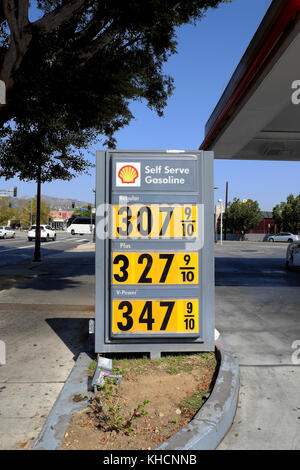 Petrol prices of gasoline on display board outside a Shell gas station on  Vermont Avenue in Los Feliz, Los Angeles, California USA   KATHY DEWITT Stock Photo