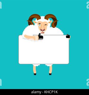 Ram holding banner blank. Sheep and white blank. Farm animal thumb up and winks joyful emotion. place for text. Vector illustration Stock Vector