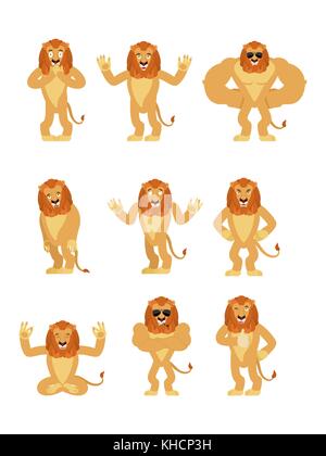 Lion set poses and motion. Wild animal happy and yoga. Beast sleeping and angry. guilty and sad. Vector illustration Stock Vector