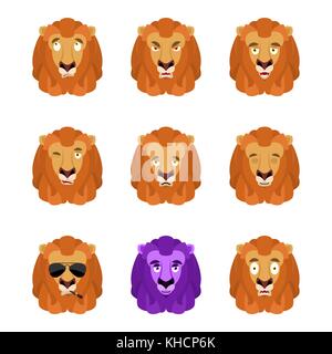 Lion set emoji avatar. sad and angry face. guilty and sleeping. Wild animal sleeping emotion face. Beast Eggplant. Vector illustration Stock Vector