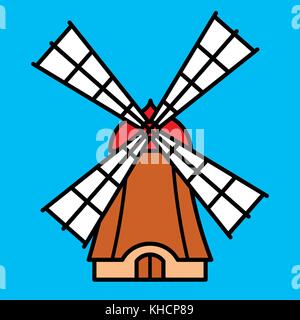 Colorful cartoon wooden windmill icon with four sails in a color outline on a blue background vector design for kids Stock Vector