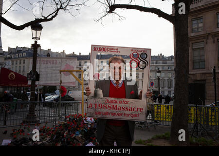 Paris, France. 14th Nov, 2017. Pierre Bercis, president of the New Human Rights (NDH) Paris, France. An exhibition on human rights in Iran was held on 14 November 2017, near the French National Assembly in Paris. This exhibition is part of the international campaign to demand justice for the victims of the 1988 massacre in Iran's prisons. The open-air exhibition was visited by several members of the French National Assembly. Credit: Siavosh Hosseini/Pacific Press/Ģ����ý Live News Stock Photo