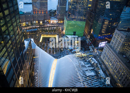 Night View of The World Trade Center in lower Manhattan seen from above with buildings and Oculus in view Stock Photo