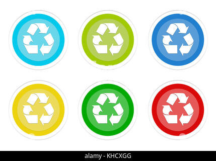 Set of rounded colorful buttons with recycle symbol in blue, green, yellow, cyan and red colors Stock Photo