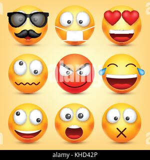Smiley,emoticons set. Yellow face with emotions. Facial expression. 3d realistic emoji. Funny cartoon character.Mood. Web icon. Vector illustration. Stock Vector
