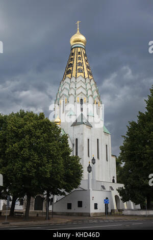Russian Memorial Church designed by Russian architect Vladimir Pokrovsky in Leipzig, Saxony, Germany. The Russian Memorial Church devoted to Saint Alexius of Moscow was built in 1913 to commemorate the 100th anniversary of the 1813 Battle of the Nations. Stock Photo