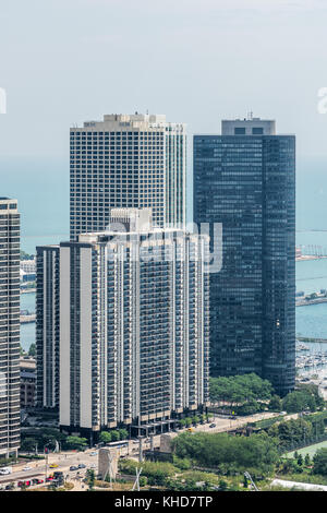 Aerial view of Outer Drive East and Harbor Point condominium buildings. Stock Photo