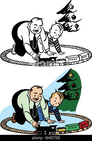 A father and son play with a Christmas train set under a decorated tree. Stock Vector