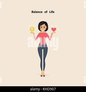 Pretty woman,Young woman with the golden coins and red heart icon on her hand.Concept of work and life balance.Vector flat design illustration Stock Vector