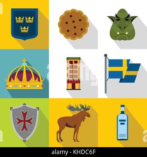 Sweden icons set, flat style Stock Vector