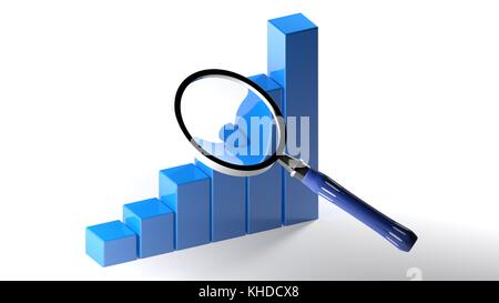 Magnifier on up-trend bar graph - 3D rendering Stock Photo - Alamy