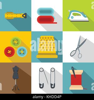 Tools for sewing dresses icons set, flat style Stock Vector