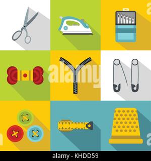 Sewing supplies icons set, flat style Stock Vector