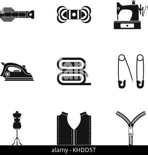 Tools for sewing dresses icons set, simple style Stock Vector