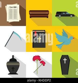 Funeral icons set, flat style Stock Vector