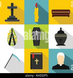 Burial icons set, flat style Stock Vector