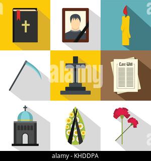 Death of person icons set, flat style Stock Vector