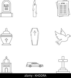 Funeral services icons set, outline style Stock Vector