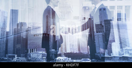 business people shaking hands banner double exposure, cooperation concept, handshake Stock Photo