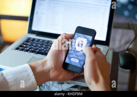 data security concept, mobile application access, login and password Stock Photo