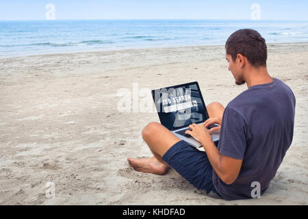 freelancer looking for work online, job search on internet, man sitting on the beach with laptop computer Stock Photo