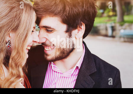 dating, close up portrait of young happy couple, affectionate man and woman Stock Photo
