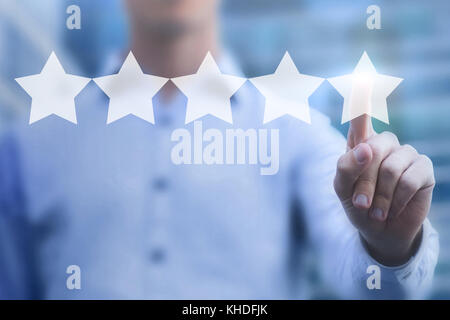 good rating online concept, 5 stars review, positive feedback of satisfied customer Stock Photo