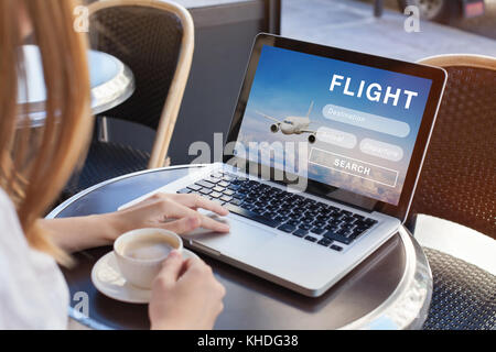 flight search on internet website, travel planning concept, airplane tickets online Stock Photo