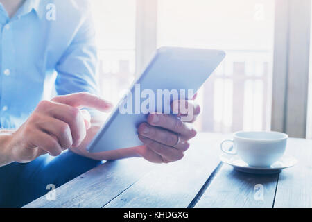 people using technologies, close up of male hands with digital tablet computer device Stock Photo