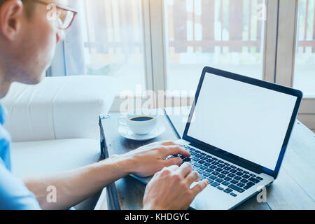 business man entrepreneur working on laptop computer with empty blank screen background Stock Photo