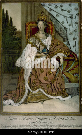 Anne I of Great Britain and Ireland (1665-1714). Queen of England, Scotland and Ireland (1702-1714). After the union of England and Scotland in 1707, Anne became the first sovereign of Great Britain and the last of the House of Stuart. Color engraving. Stock Photo