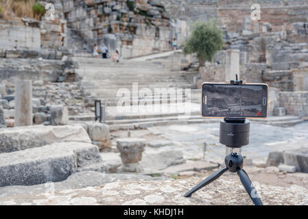 Cell,mobile phone takes photo of ancient ruins at Ephesus historical ancient city, in Selcuk,Izmir,Turkey:20 August 2017 Stock Photo