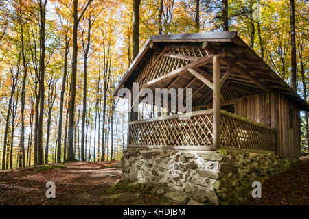 Cabin in the Woods in the autmun, Bavaria, Germany. Stock Photo