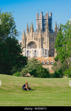Ely Cambridgeshire UK, the Octagon tower of Ely Cathedral rises high above Cherry Hill Park on the edge of the city, Cambridgeshire. Stock Photo