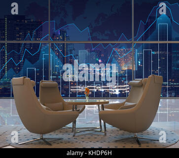 Lobby area of a hotel which can see Trading graph on the cityscape at night and world map background,Business financial concept Stock Photo