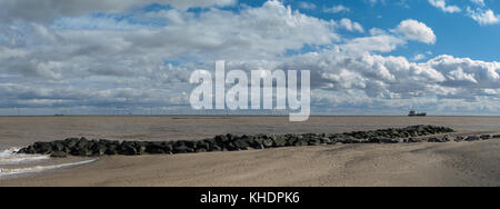 Wind turbines at Gunfleet Sands just off shore to Clacton on Sea Essex. Stock Photo