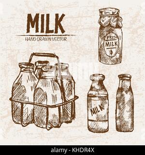 Digital vector detailed line art fresh milk in glass bottles hand drawn retro illustration collection set. Thin artistic pencil outline. Vintage ink f Stock Vector