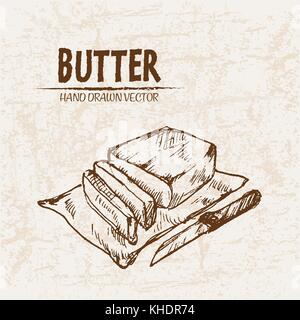 Digital vector detailed line art butter slices with knife hand drawn retro illustration collection set. Thin artistic pencil outline. Vintage ink flat Stock Vector