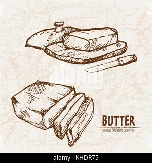 Digital vector detailed line art butter slices with knife hand drawn retro illustration collection set. Thin artistic pencil outline. Vintage ink flat Stock Vector