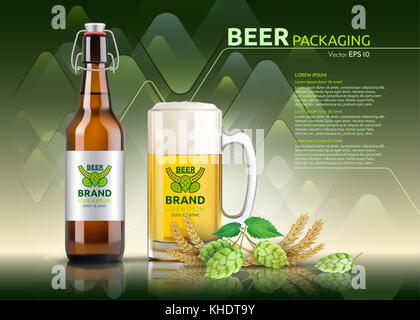 Vector Realistic beer bottle and glass. Brand packaging template. Logo designs. Green background Stock Vector