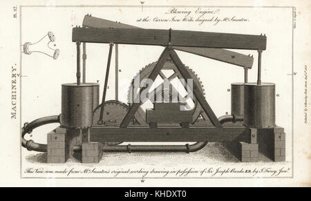 Blowing engine at the Carron Iron Works designed by John Smeaton. Copperplate engraving by Mutlow after an illustration by J. Farey Jr. from John Mason Good's Pantologia, a New Encyclopedia, G. Kearsley, London, 1813. Stock Photo