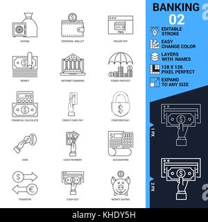 Banking icons set. Thin Line Vector Illustration. Adjust stroke weight. Expand to any Size. Easy Change Colour. Editable Stroke. Layers with Names. Pi Stock Vector